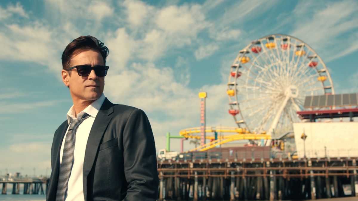 John Sugar (Colin Farrell) wearing sunglasses and a suit in the Apple TV Plus series, &quot;Sugar&quot;