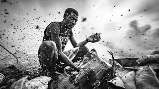A person crouches amid a swirling mass of flies, examining debris with focus. The monochrome image conveys a somber, tense atmosphere