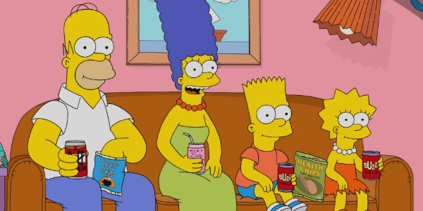 The Simpsons Homer, Marge, Bart, and Lisa sit on the couch, with drinks and snacks at the ready