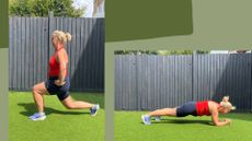 Kat Storr doing callisthenics for beginners in back garden, lunges and plank