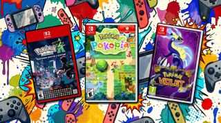 Pokemon games on a vibrant gaming background.
