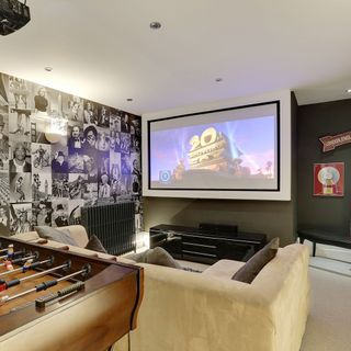 cinema room with big tv screen and white roof top
