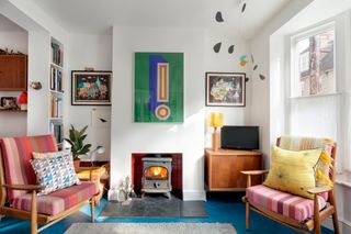 Mid-century living room with woodburner