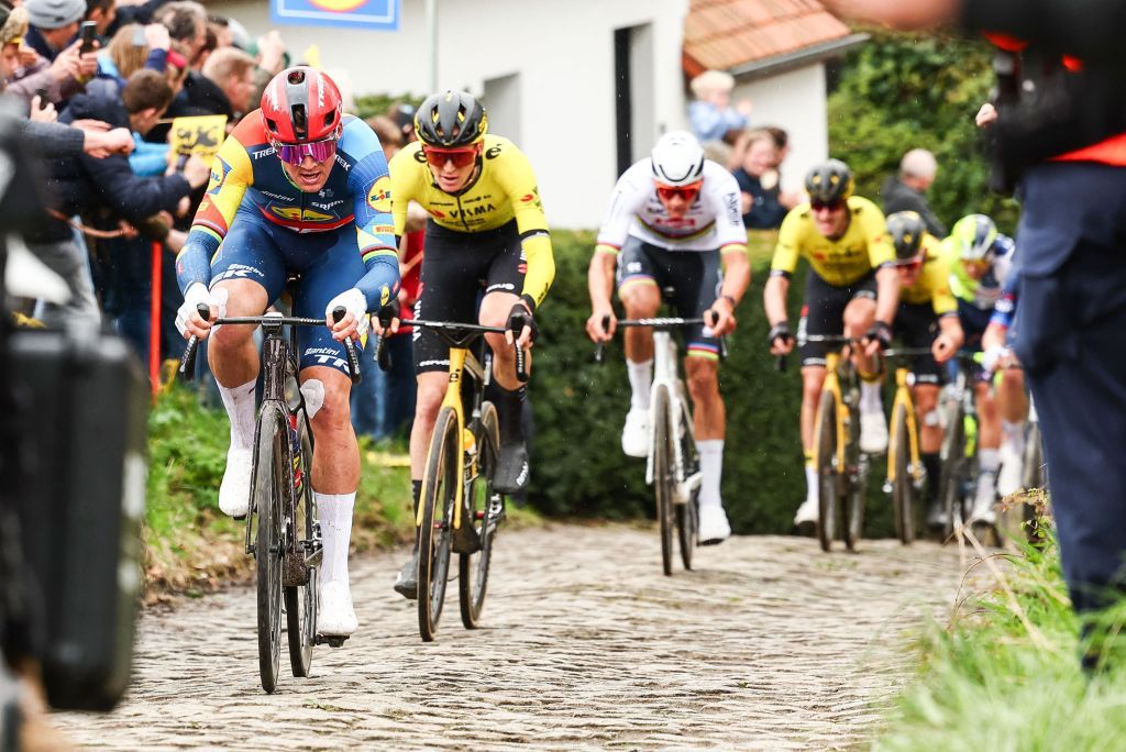 Danish Mads Pedersen of Lidl-Trek pictured in action during the men's race of the 'Ronde van Vlaanderen/ Tour des Flandres/ Tour of Flanders' one day cycling event, 270,8km from Antwerp to Oudenaarde, Sunday 31 March 2024. BELGA PHOTO DAVID PINTENS (Photo by DAVID PINTENS / BELGA MAG / Belga via AFP)