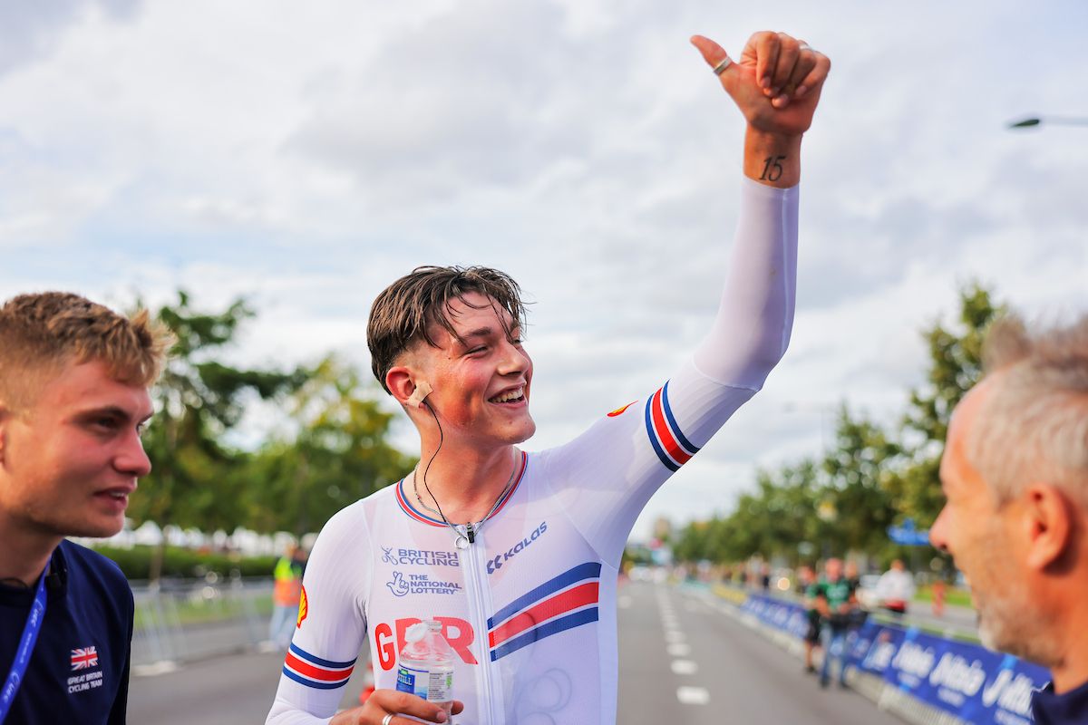 Picture by Alex Whitehead/SWpix.com - 20/09/2023 - Cycling - UEC Road European Championships 2023 - Elite Men Individual Time Trial - Drenthe, Netherlands - Joshua Tarling of Great Britain celebrates his victory
