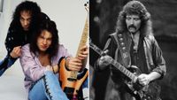 (left) Ronnie James Dio poses with guitarist Rowan Robertson, (right) Tony Iommi performs onstage in New York City on October 29, 1983