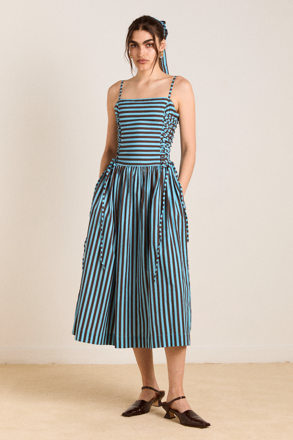 Angelina Midi Dress - Blue/choc Stripe