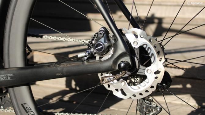 A rear disc brake on a Specialized Tarmac frame