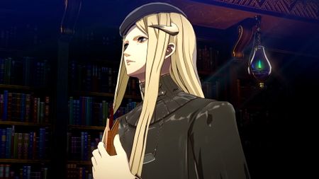 Metaphor: ReFantazio screenshot showing a man with long, straight blonde hair holding onto a leather-bound brown book