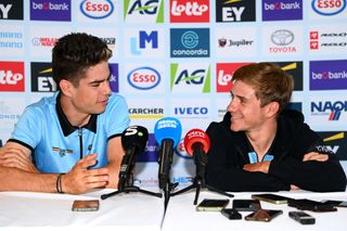 WOLLOGONG AUSTRALIA SEPTEMBER 22 LR Wout Van Aert of Belgium and Remco Evenepoel of Belgium attend to the Team Belgium press conference during the 95th UCI Road World Championships 2022 Training Day Wollongong2022 on September 22 2022 in Wollongong Australia Photo by Tim de WaeleGetty Images