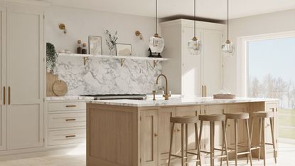 A white kitchen with white pantry cabinets and a wooden island