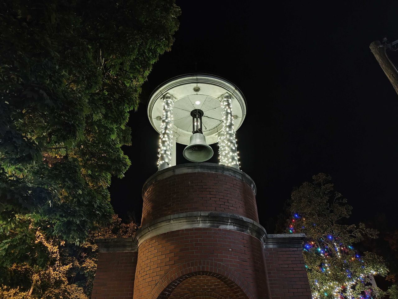 A bell tower at night