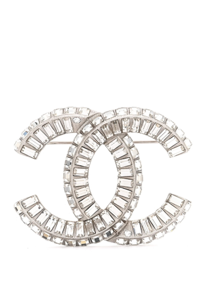 Chanel, Baguette Crystal Cc Brooch Silver