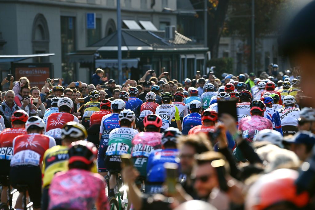BERGAMO ITALY OCTOBER 08 A general view of the Peloton passing through Bergamo City at start during the 116th Il Lombardia 2022 a 253km one day race from Bergamo to Como iLombardia on October 08 2022 in Bergamo Italy Photo by Tim de WaeleGetty Images