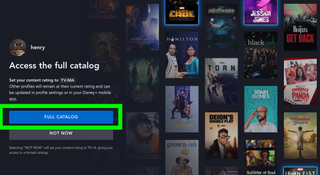 The Full Catalog button is highlighted on a Disney Plus login screen to set up parental controls for TV-MA content