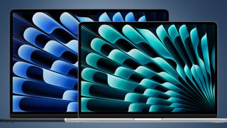 Two Apple MacBook Air laptops on a blue background