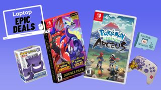 Gengar Funko pop, Scarlet Violet Dual Pack, Pokemon Legends Arceus, PowerA wireless controller, SanDisk 1TB microSD against blue gradient background