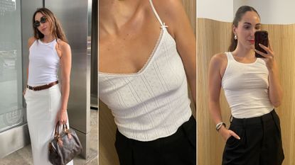 Editor trying on the best white tank tops.