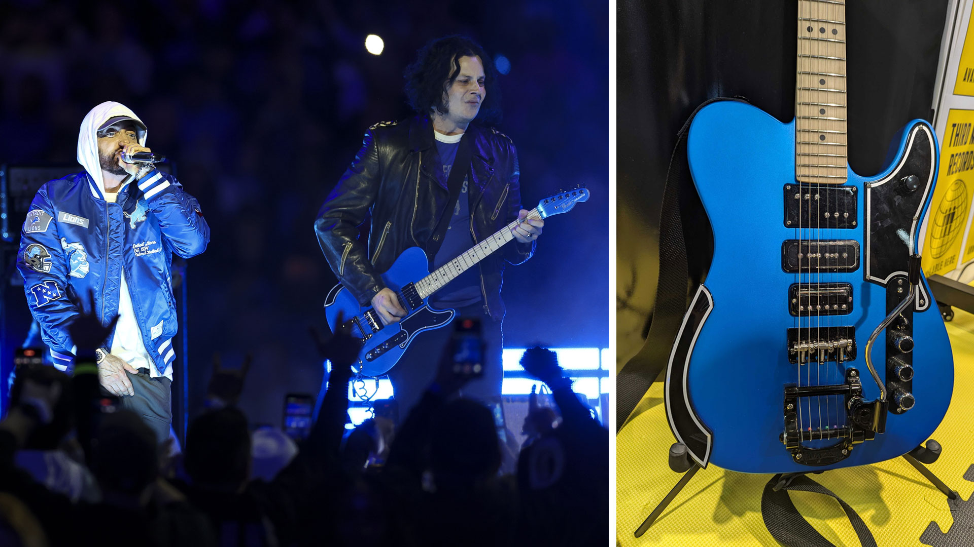 Eminem and Jack White perform onstage at the Lions halftime show on November 27, 2025 &ndash; and (right) the Jack White's NFL Lions Triplecaster