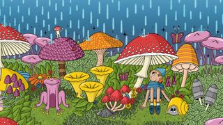 Drawing of elf character sheltering from rain under toadstools by Toby Hawksley for how to develop your characters article