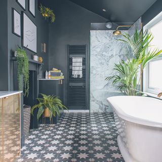 bathroom with grey walls and white bathtub