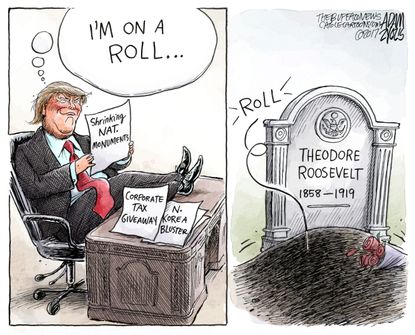 Political cartoon U.S. Trump national monuments tax reform North Korea Theodore Roosevelt
