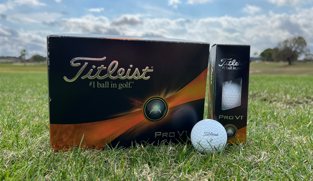 A close up of the Titleist Pro V1 golf ball