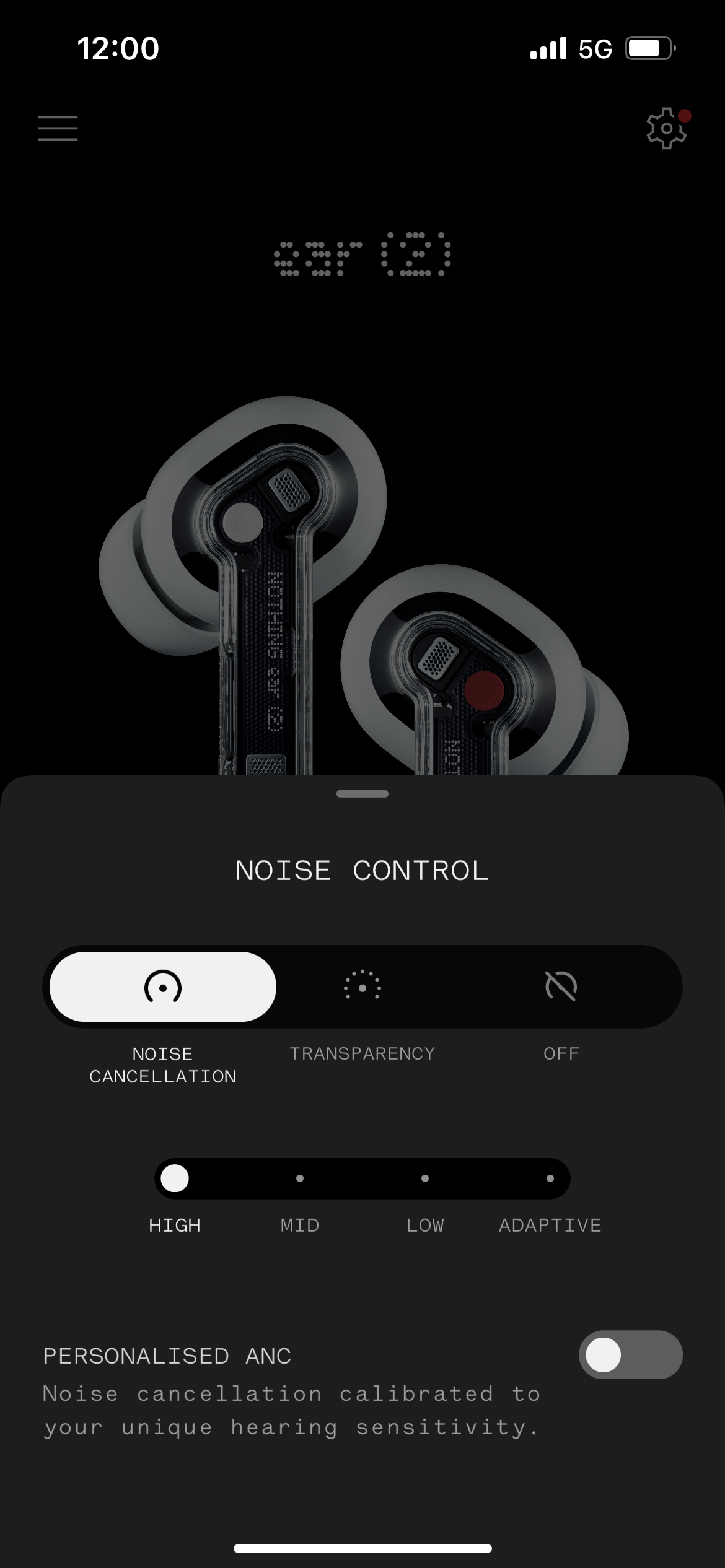 Screenshots of the sound profiles in the Nothing X app