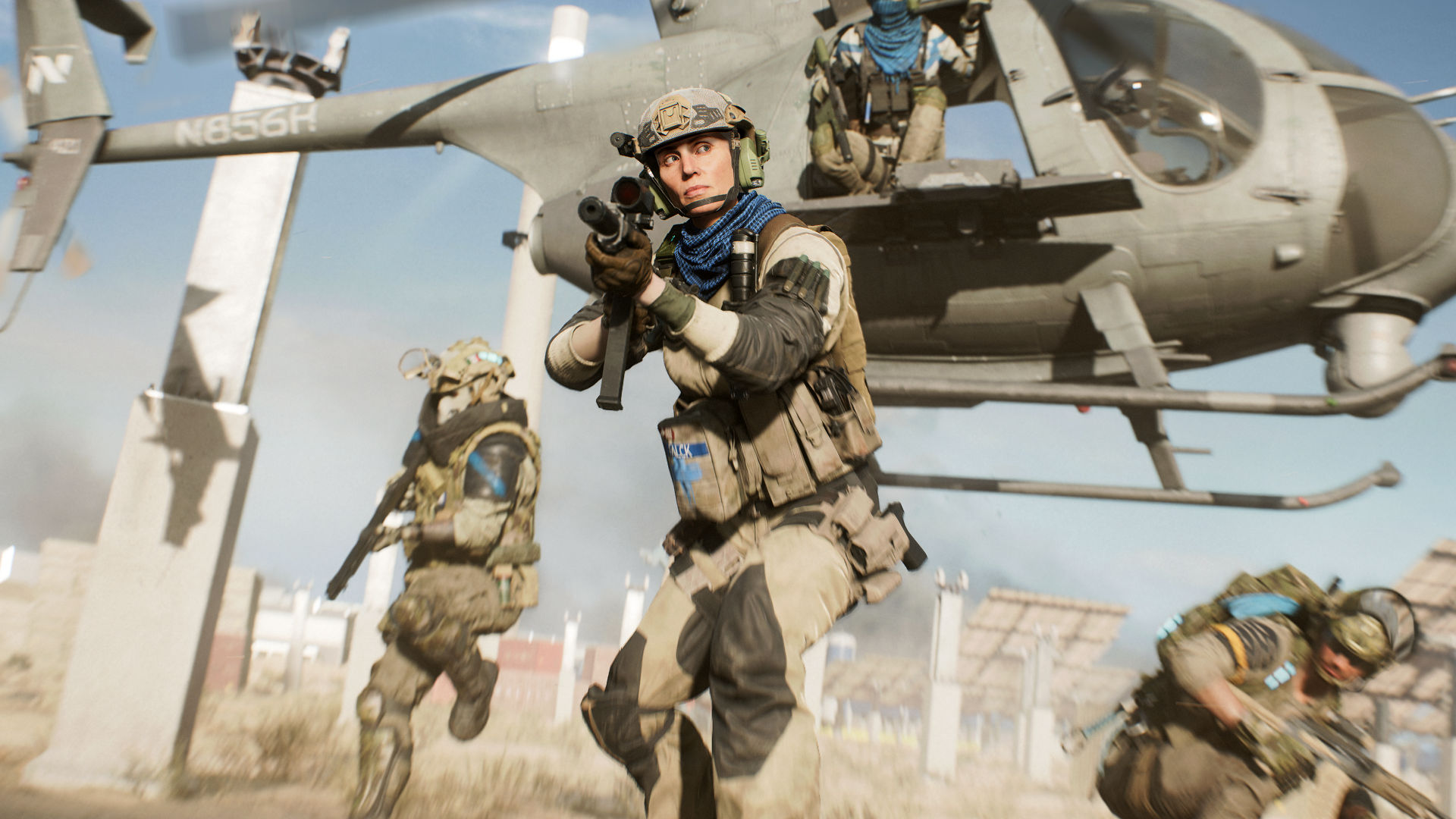 Seorang prajurit di Battlefield 2042 melompat keluar dari helikopter