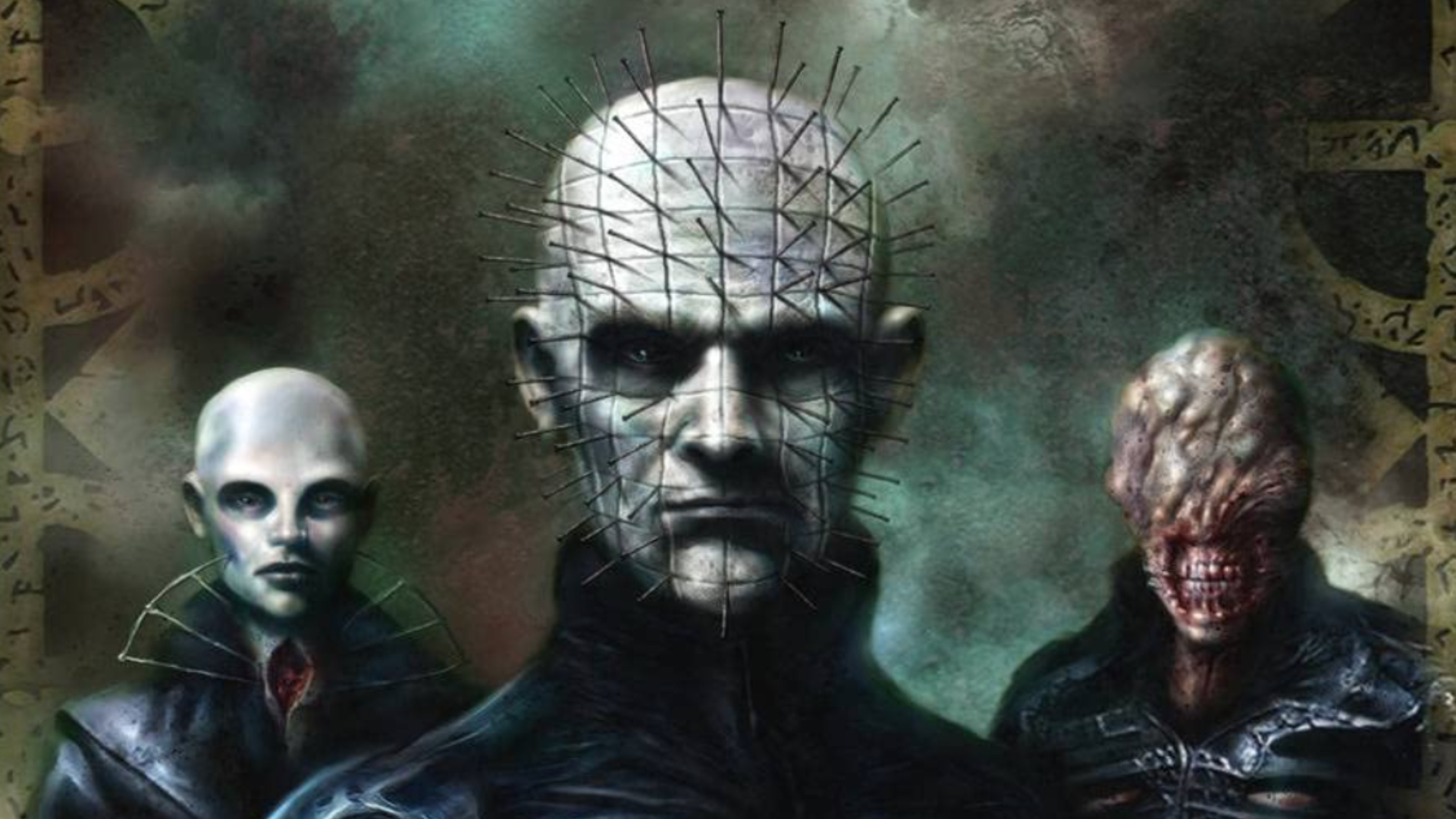 An illustration of 3 menacing humanoid monsters from Hellraiser all dressed in black leather. Left: pale white, bald, with an open wound on their neck. Middle: Pinhead - bald, pale face with their whole head covered in pins. Right: A monster without eyes and just a sneering, bloody grin.