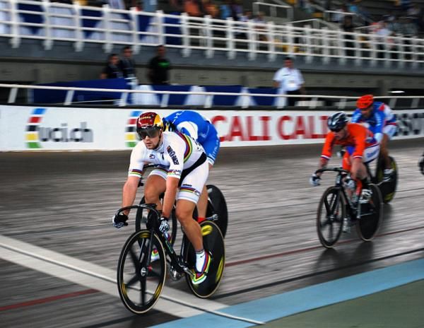 Keirin world champion Maximilian Levy (Germany) wins his first round heat.