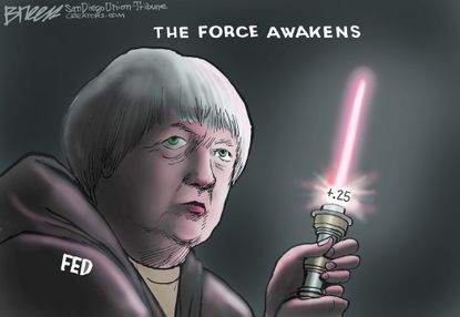 Editorial cartoon Federal Reserve Janet Yellen Star Wars