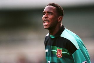 Goalkeeper Shaka Hislop playing for West Ham against Blackburn Rovers, 1998