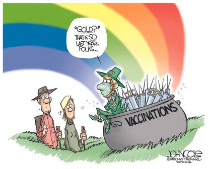 Editorial Cartoon U.S. covid vaccine leprechaun st patricks day