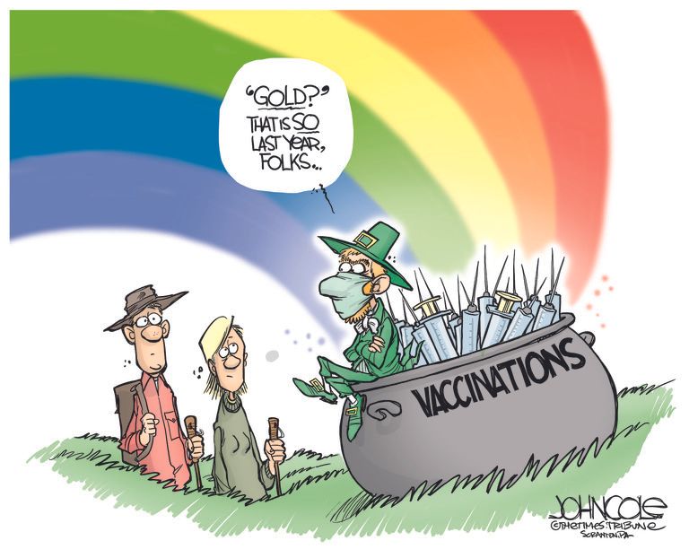 Editorial Cartoon U.S. covid vaccine leprechaun st patricks day