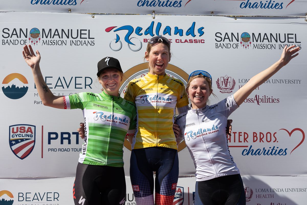 Classification Jerseys after four stages: Olivia Cummins (LUX-CTS p/b Specialized) in Green, Emily Marcolini (3T/Q+M Cycling) in Yellow and Haley Smith (ATX Wolfpack p/b ProBikeKit) in White. (Red was not awarded as no climibing points were on offer during the criterium).