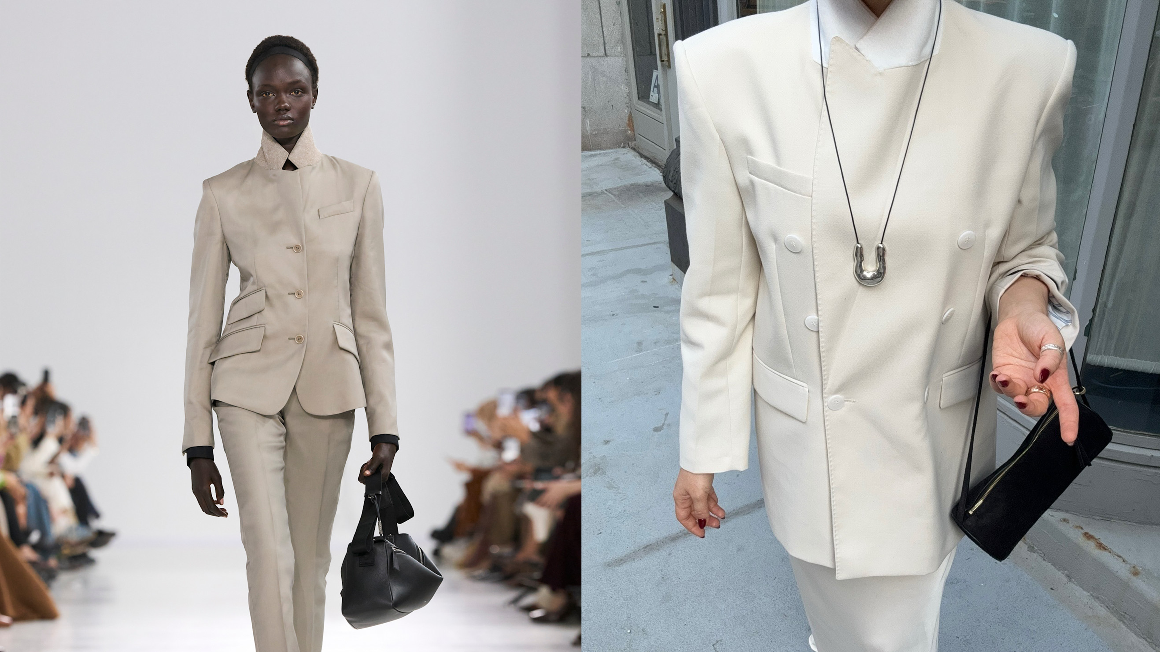 the upturned blazer trend on influencer Christina Grasso and the spring 2026 Max Mara runway