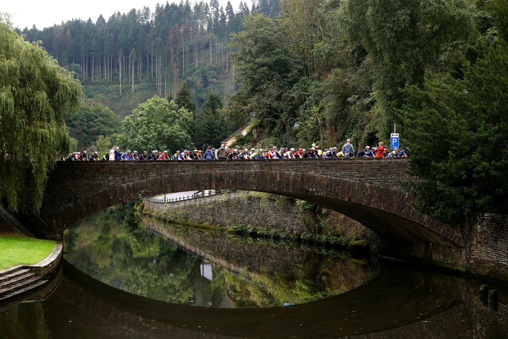 ESCHSURSRE LUXEMBOURG SEPTEMBER 15 A general view of the peloton competing during the 81st SkodaTour De Luxembourg 2021 Stage 2 a 1861km stage from Steinfort to EschSurSre Eschdorf 504m skodatour skodatour on September 15 2021 in EschSurSre Luxembourg Photo by Bas CzerwinskiGetty Images