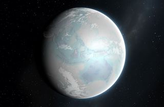 A digital illustration of the Earth as an icy, blue and white planet