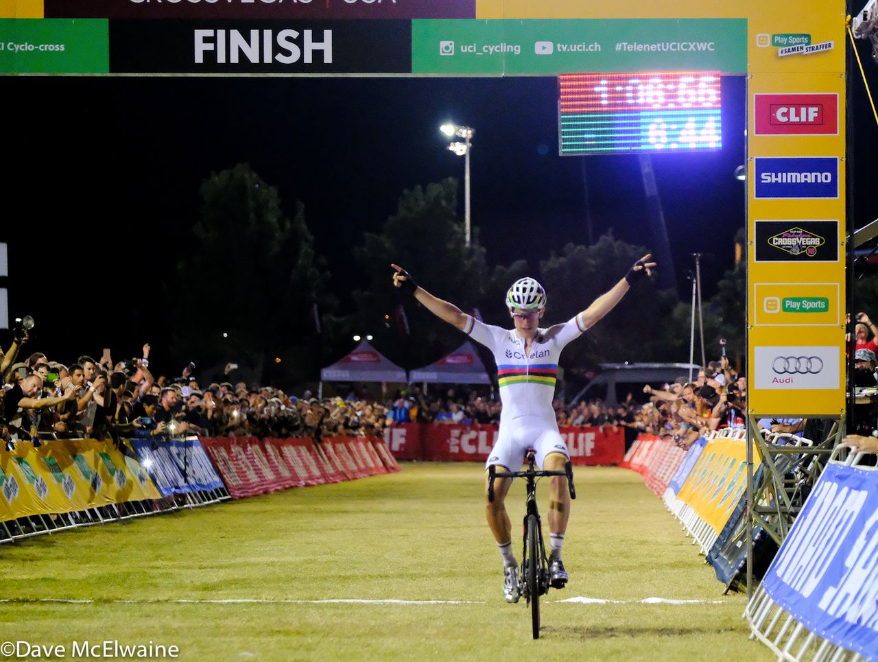 Wout Van Aert (CRELAN-VASTGOEDSERVICE) winning the Cross Vegas World Cup with a come from behind effort.