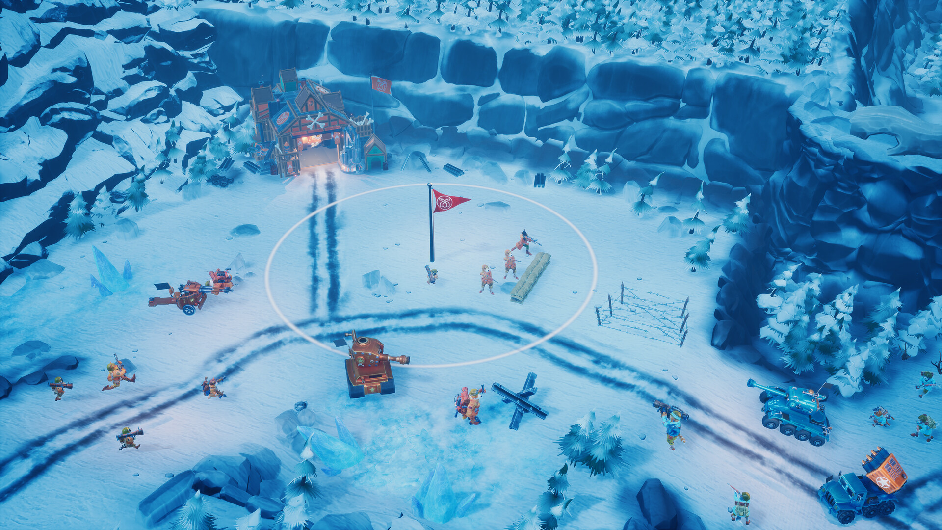 Overhead view of multiple units in play in a more snowy environment tileset.
