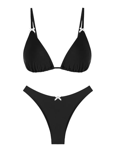 Seamoly Bathing Suit for Women Sexy High Cut Thong Bikini Set Cute Open Back Bowknot Swimsuits 2 Piece Swim Suit Solid Black M
