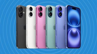 The iPhone 16 in all of its colors - black, white, pink, teal, and blue