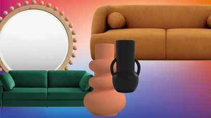 a collection of home decor and furniture items on a colorful background