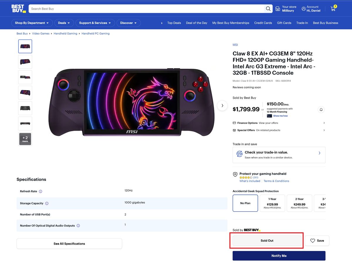 Screenshot of a store listing for the MSI Claw 8 EX AI+ showing out of stock/sold out from Best Buy.