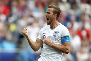 Harry Kane celebrates after scoring England's fifth goal against Panama at the 2018 World Cup.