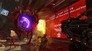 Et skjermbilde fra «Doom: Eternal» der spilleren blir angrepet av en Cacodemon