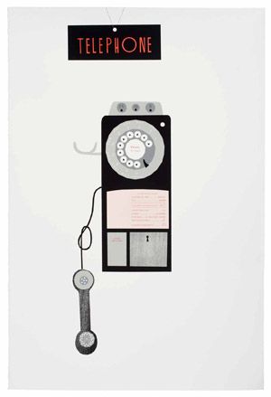 View of ’As it turns out...’ by Matthew Brannon - a print featuring a black, wall-mounted telephone with the handset hanging off the hook and a black and red sign above that says 'Telephone' against a light coloured background