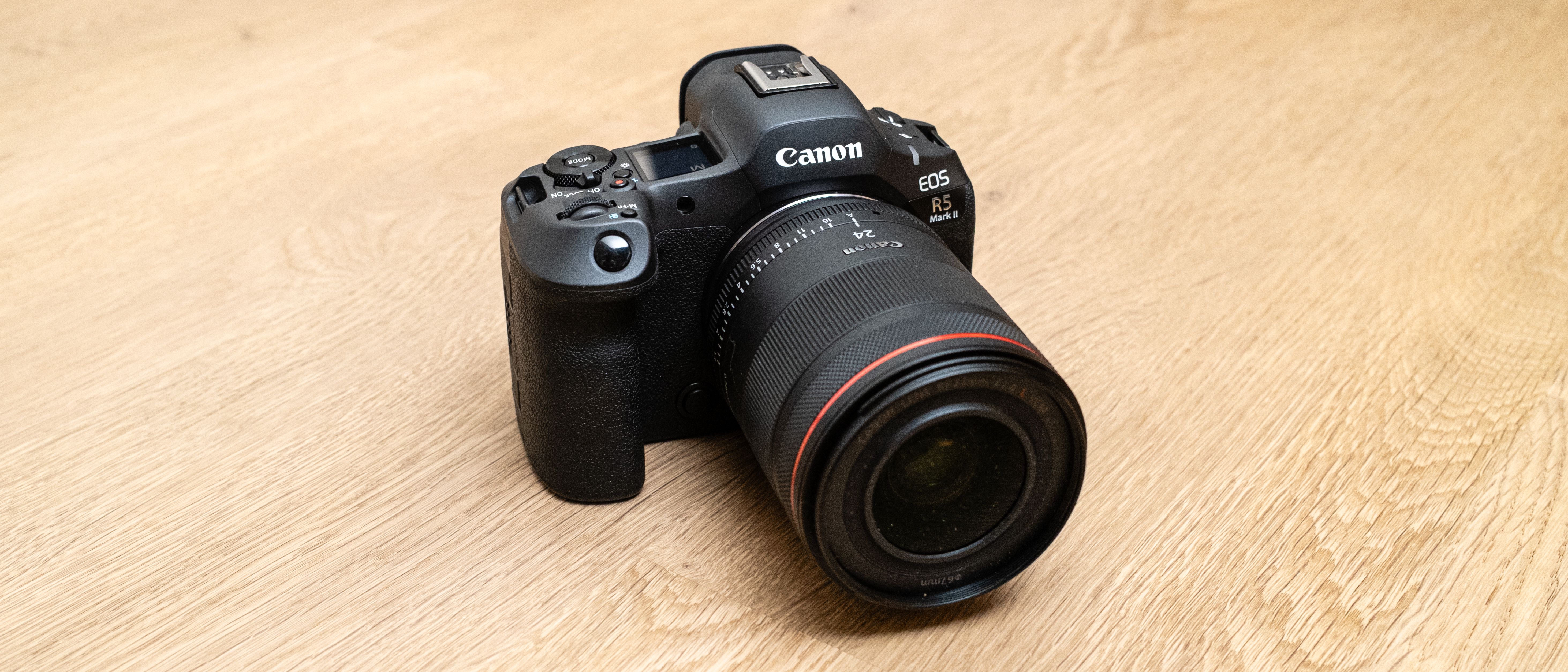 Canon EOS R5 Mark II top view with RF 24mm f/1.4L lens attached