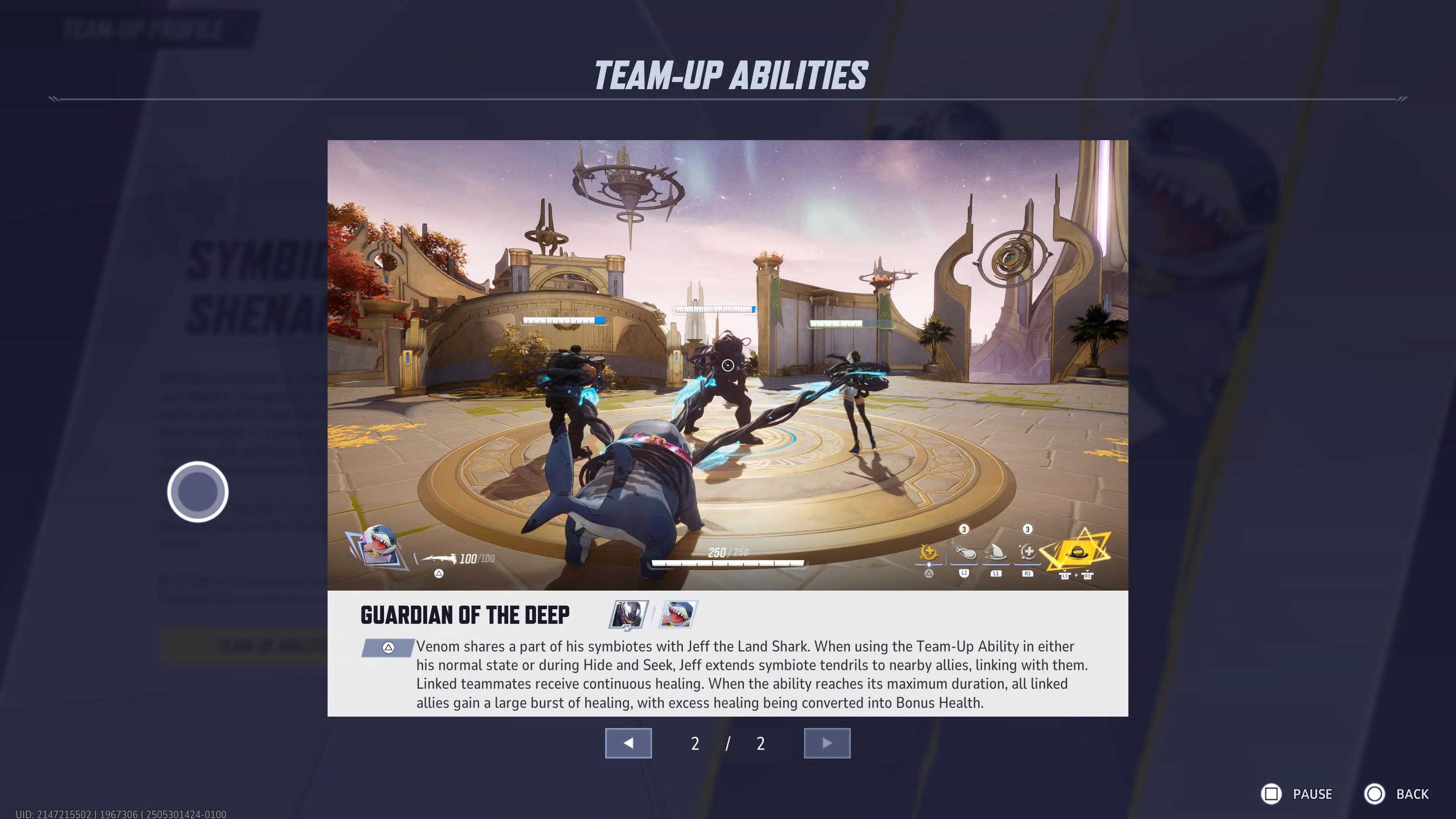 An infographic showing the Guardian of the Deep ability, black tendrils erupt from Jeff to nearby allies, healing them